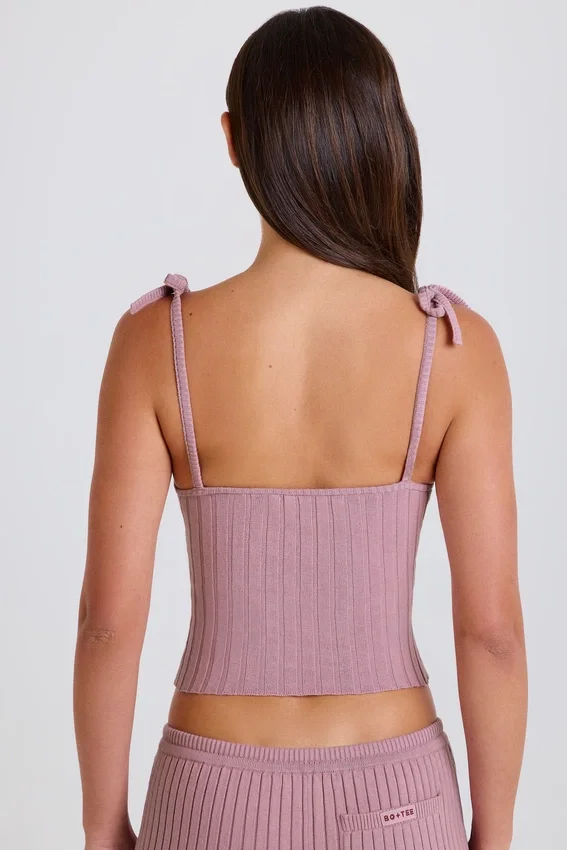 Ribbstickad linne med knytning i mauve Ribbstickad linne med knytning i mauve