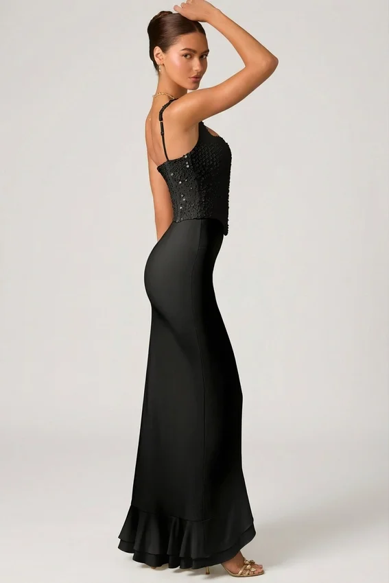 Robina Embellished Ruffle-Trim Corset Gown i svart Robina Embellished Ruffle-Trim Corset Gown i svart