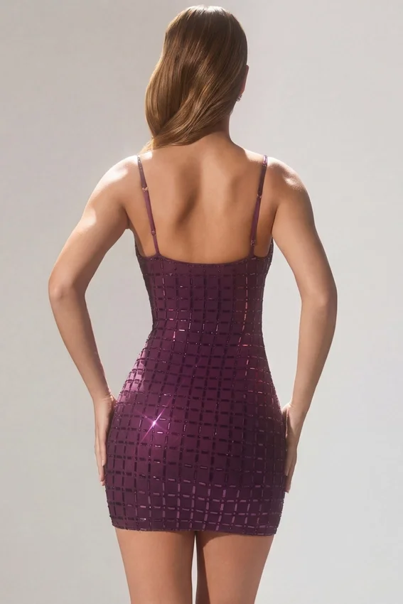 Ronja Embellished Plunge Semi-Sheer Miniklänning i Deep Purple Ronja Embellished Plunge Semi-Sheer Miniklänning i Deep Purple