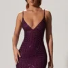 Ronja Embellished Plunge Semi-Sheer Miniklänning i Deep Purple Ronja Embellished Plunge Semi-Sheer Miniklänning i Deep Purple