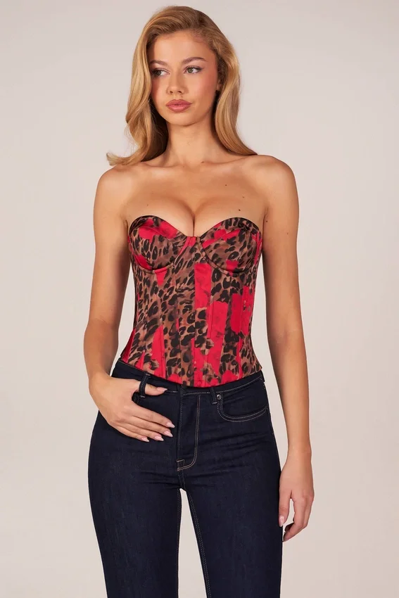 Rose Bandeau Lace-Up Corset Top i rosa leopardmönster Rose Bandeau Lace-Up Corset Top i rosa leopardmönster