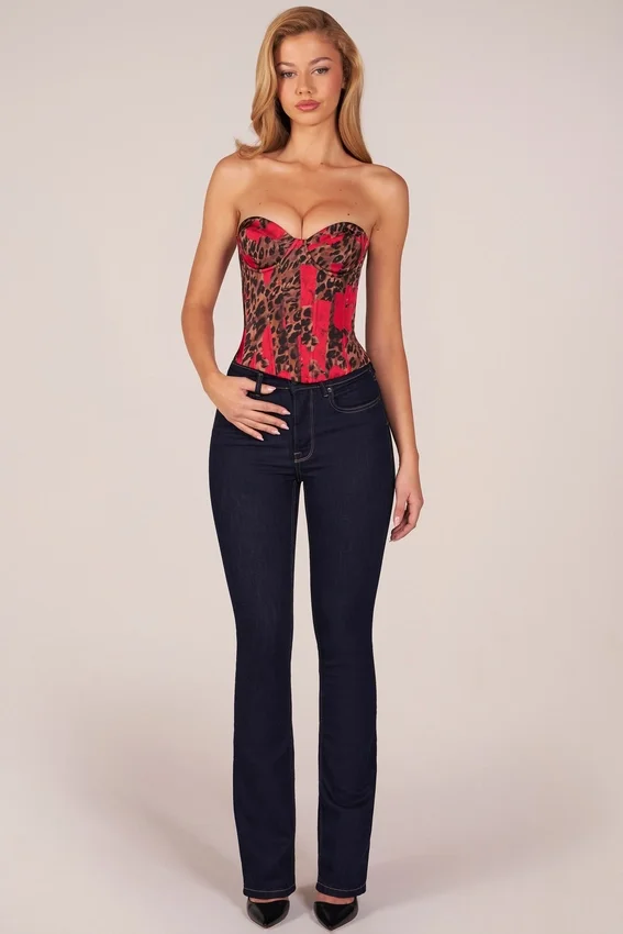 Rose Bandeau Lace-Up Corset Top i rosa leopardmönster Rose Bandeau Lace-Up Corset Top i rosa leopardmönster