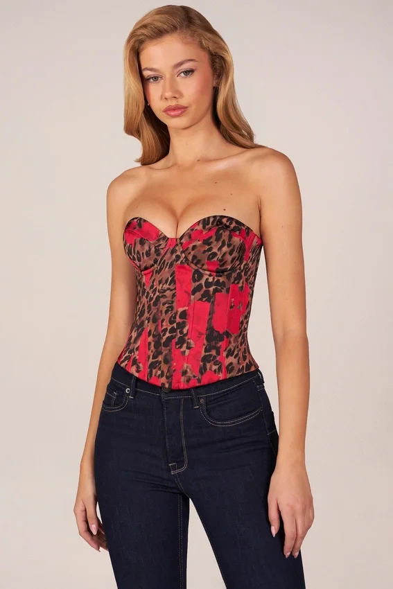 Rose Bandeau Lace-Up Corset Top i rosa leopardmönster Rose Bandeau Lace-Up Corset Top i rosa leopardmönster
