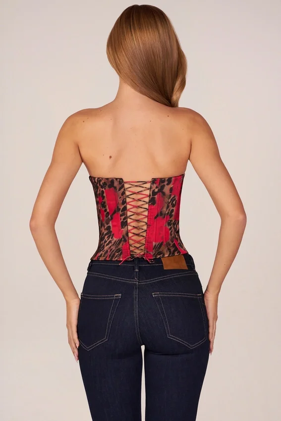 Rose Bandeau Lace-Up Corset Top i rosa leopardmönster Rose Bandeau Lace-Up Corset Top i rosa leopardmönster