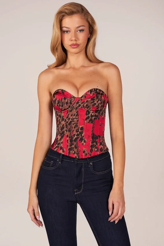 Rose Bandeau Lace-Up Corset Top i rosa leopardmönster Rose Bandeau Lace-Up Corset Top i rosa leopardmönster