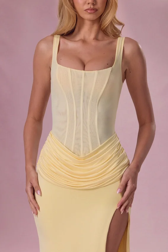 Rosina Mesh Draped Bridesmaid Klänning i Butter Yellow Rosina Mesh Draped Bridesmaid Klänning i Butter Yellow