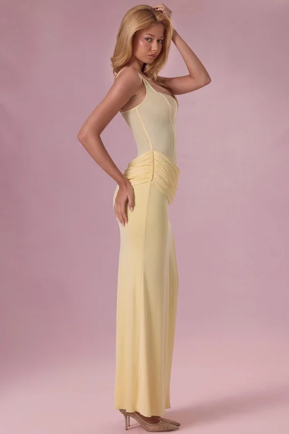 Rosina Mesh Draped Bridesmaid Klänning i Butter Yellow Rosina Mesh Draped Bridesmaid Klänning i Butter Yellow