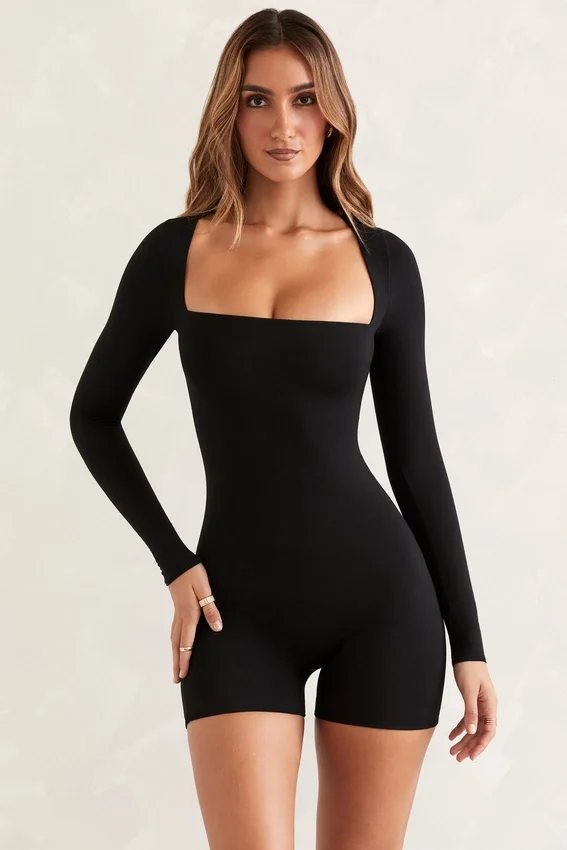Rue långärmad unitard med fyrkantig halsringning i svart Rue långärmad unitard med fyrkantig halsringning i svart