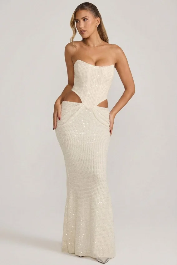 Saphira Embellished Cut-Out Draped Corset Gown i vitt Saphira Embellished Cut-Out Draped Corset Gown i vitt