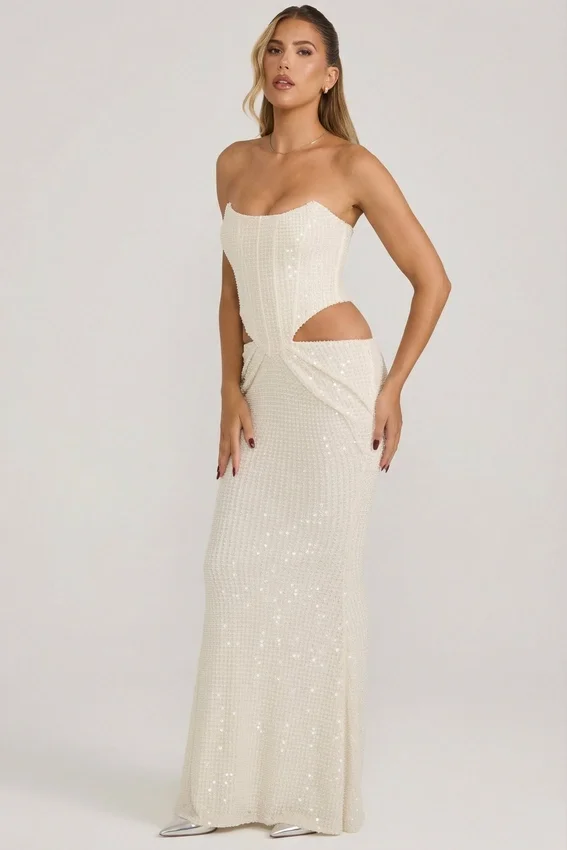 Saphira Embellished Cut-Out Draped Corset Gown i vitt Saphira Embellished Cut-Out Draped Corset Gown i vitt