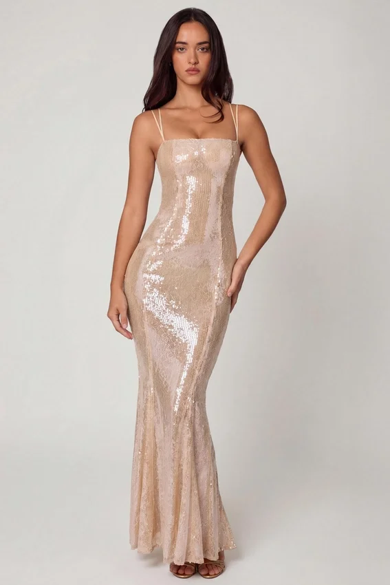 Sima Embellished Square Neck Lace Gown i Pale Peach Sima Embellished Square Neck Lace Gown i Pale Peach