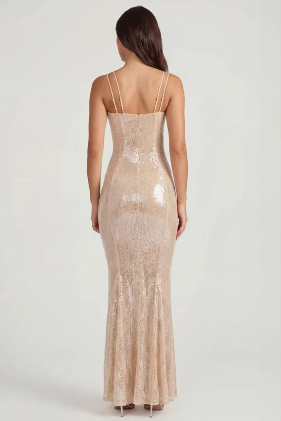 Sima Embellished Square Neck Lace Gown i Pale Peach Sima Embellished Square Neck Lace Gown i Pale Peach