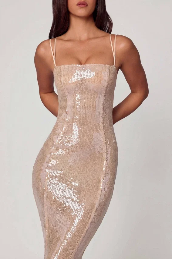 Sima Embellished Square Neck Lace Gown i Pale Peach Sima Embellished Square Neck Lace Gown i Pale Peach