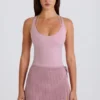 Skort i ribbstickat tyg med knytning i mauve Skort i ribbstickat tyg med knytning i mauve