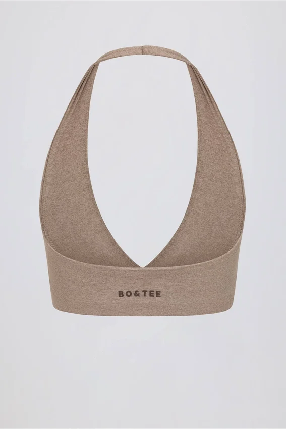 Sport-BH i borstad jersey med V-ringning i mocha melé Sport-BH i borstad jersey med V-ringning i mocha melé