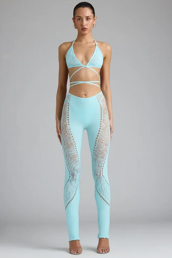 Stevie Embellished Mid-Rise Flared Trousers i isblått Stevie Embellished Mid-Rise Flared Trousers i isblått