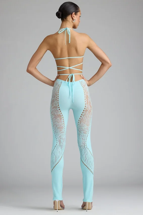 Stevie Embellished Mid-Rise Flared Trousers i isblått Stevie Embellished Mid-Rise Flared Trousers i isblått