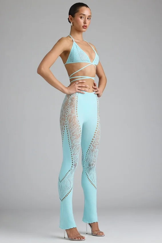 Stevie Embellished Mid-Rise Flared Trousers i isblått Stevie Embellished Mid-Rise Flared Trousers i isblått