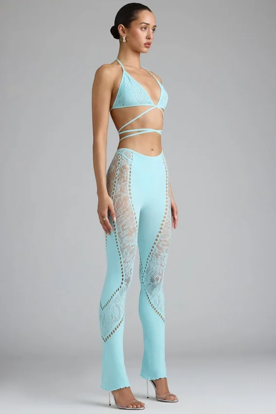Stevie Embellished Mid-Rise Flared Trousers i isblått Stevie Embellished Mid-Rise Flared Trousers i isblått