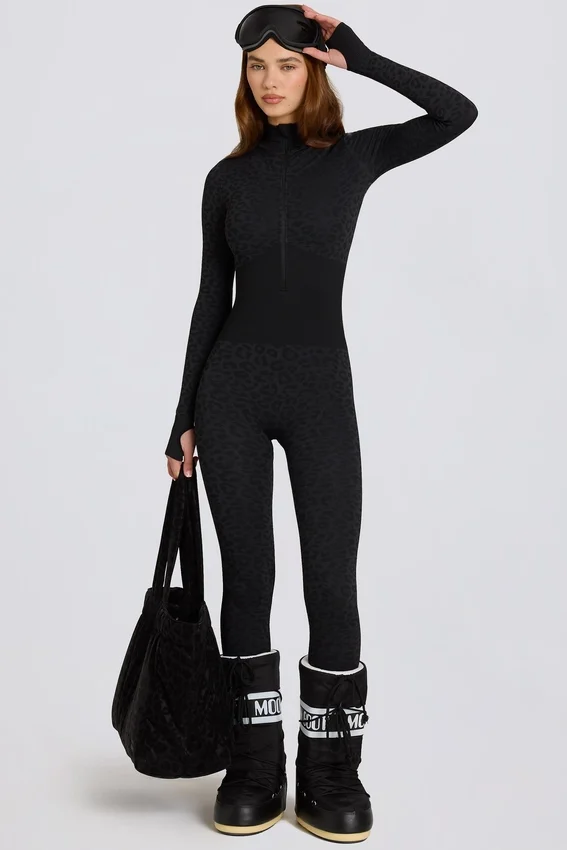 Termisk baslager-Jumpsuit i svart leopardmönster Termisk baslager-Jumpsuit i svart leopardmönster