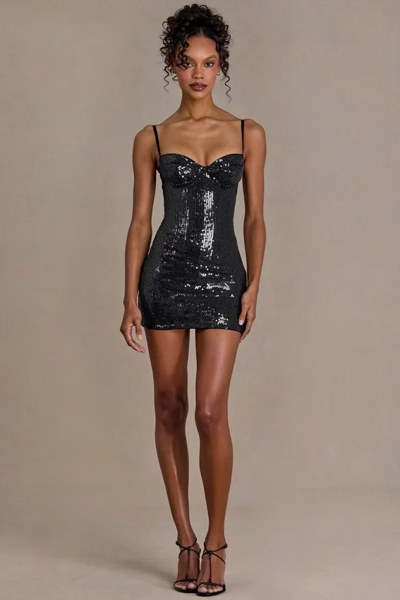 Theodora Premium Sequin Lace Corset Miniklänning i svart Theodora Premium Sequin Lace Corset Miniklänning i svart