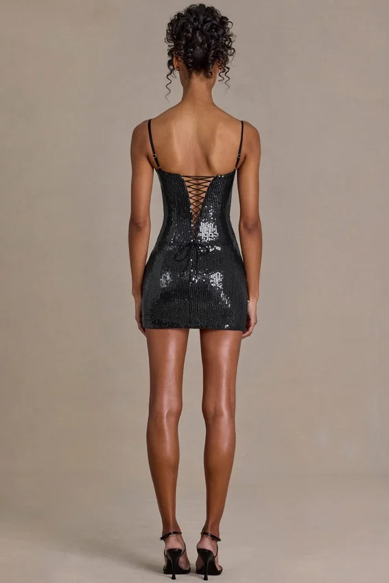 Theodora Premium Sequin Lace Corset Miniklänning i svart Theodora Premium Sequin Lace Corset Miniklänning i svart
