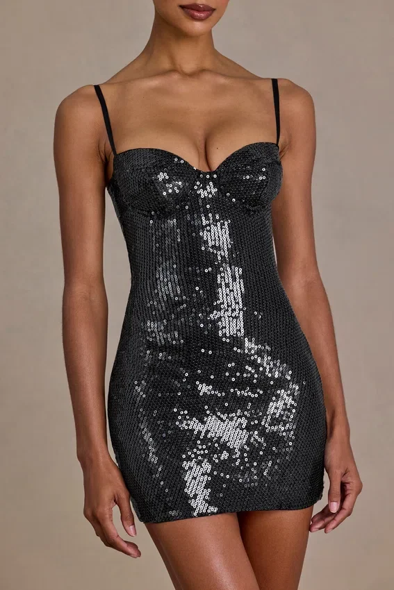 Theodora Premium Sequin Lace Corset Miniklänning i svart Theodora Premium Sequin Lace Corset Miniklänning i svart