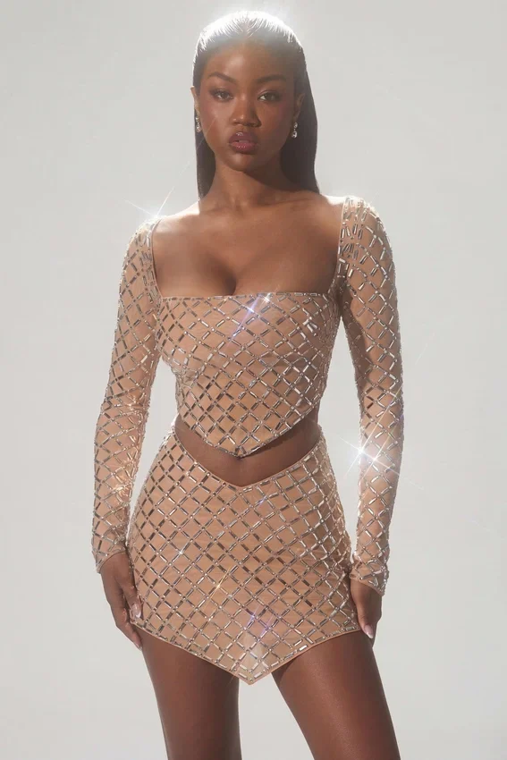 Thora Embellished Asymmetric Crop Top i Almond Thora Embellished Asymmetric Crop Top i Almond