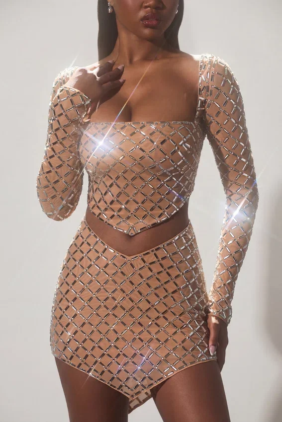 Thora Embellished Asymmetric Crop Top i Almond Thora Embellished Asymmetric Crop Top i Almond