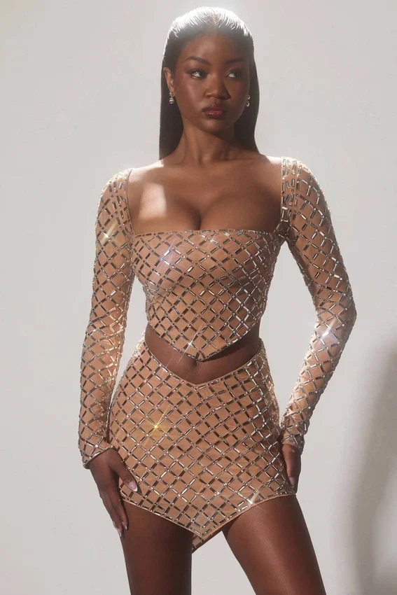 Thora Embellished Asymmetric Crop Top i Almond Thora Embellished Asymmetric Crop Top i Almond