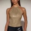 Tindra Embellished Jersey Halterneck Backless Top i guld Tindra Embellished Jersey Halterneck Backless Top i guld