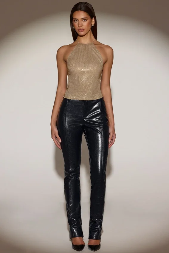 Tindra Embellished Jersey Halterneck Backless Top i guld Tindra Embellished Jersey Halterneck Backless Top i guld