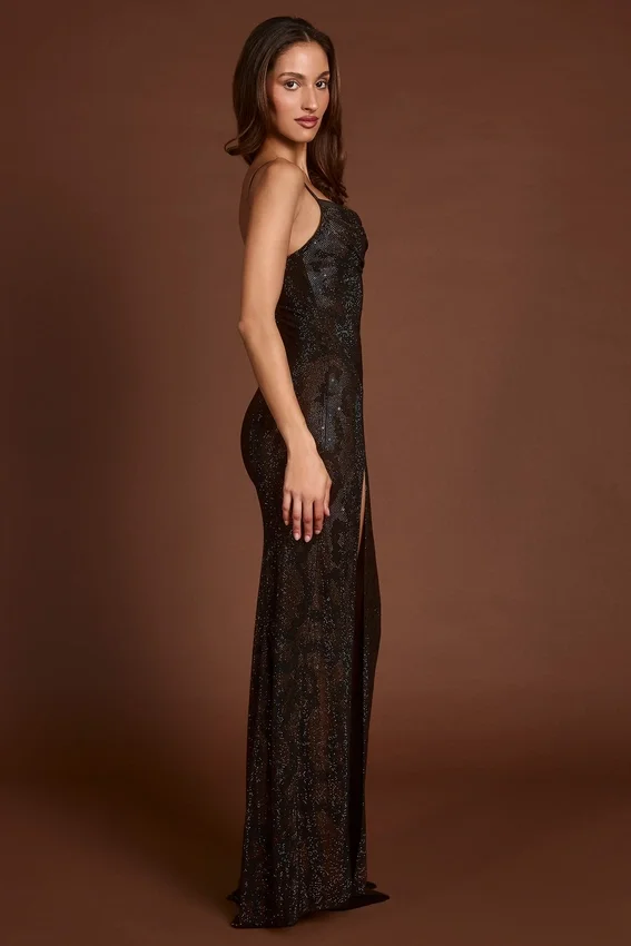 Velia Embellished Peekaboo Cowl-Neck Klänning i Brown Snake Velia Embellished Peekaboo Cowl-Neck Klänning i Brown Snake