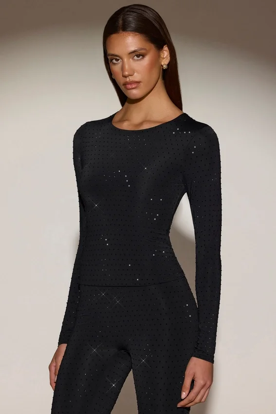Venia Embellished Crew-Neck Long-Sleeve Top i svart Venia Embellished Crew-Neck Long-Sleeve Top i svart