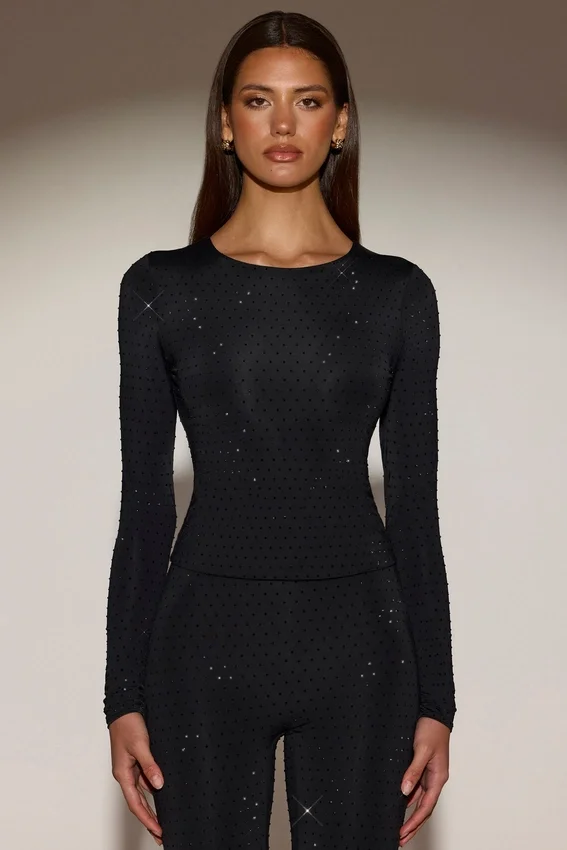 Venia Embellished Crew-Neck Long-Sleeve Top i svart Venia Embellished Crew-Neck Long-Sleeve Top i svart
