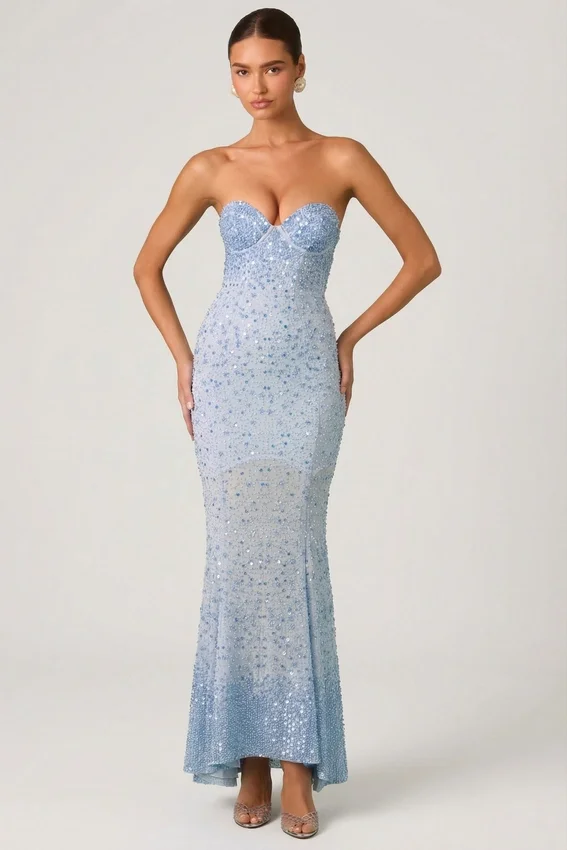 Vesna Embellished Sweetheart-Neck Fishtail Gown i himmelsblått Vesna Embellished Sweetheart-Neck Fishtail Gown i himmelsblått