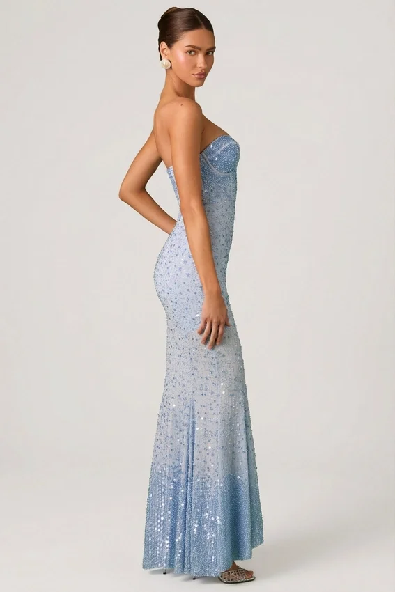 Vesna Embellished Sweetheart-Neck Fishtail Gown i himmelsblått Vesna Embellished Sweetheart-Neck Fishtail Gown i himmelsblått