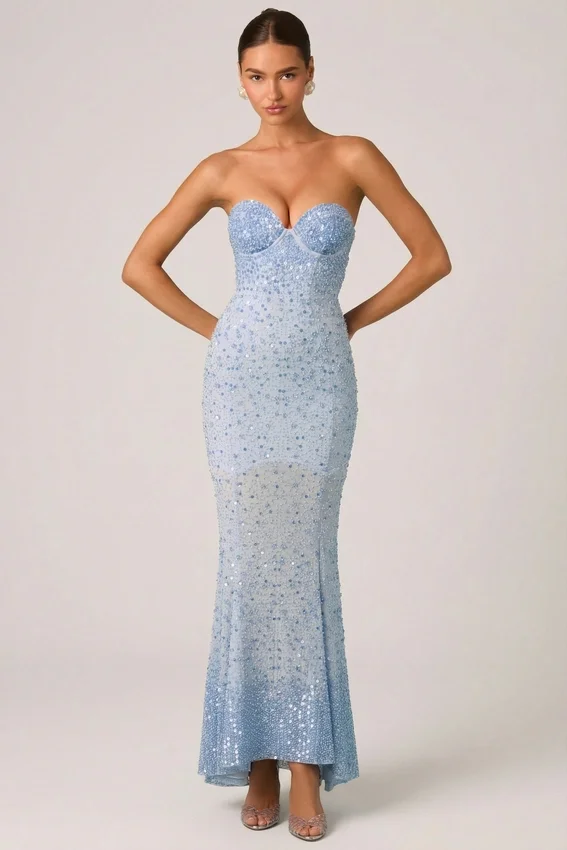 Vesna Embellished Sweetheart-Neck Fishtail Gown i himmelsblått Vesna Embellished Sweetheart-Neck Fishtail Gown i himmelsblått