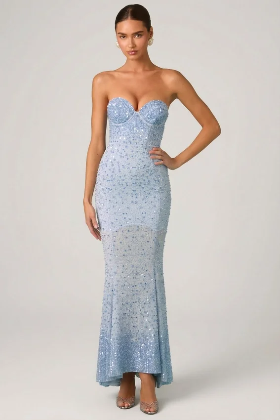 Vesna Embellished Sweetheart-Neck Fishtail Gown i himmelsblått Vesna Embellished Sweetheart-Neck Fishtail Gown i himmelsblått
