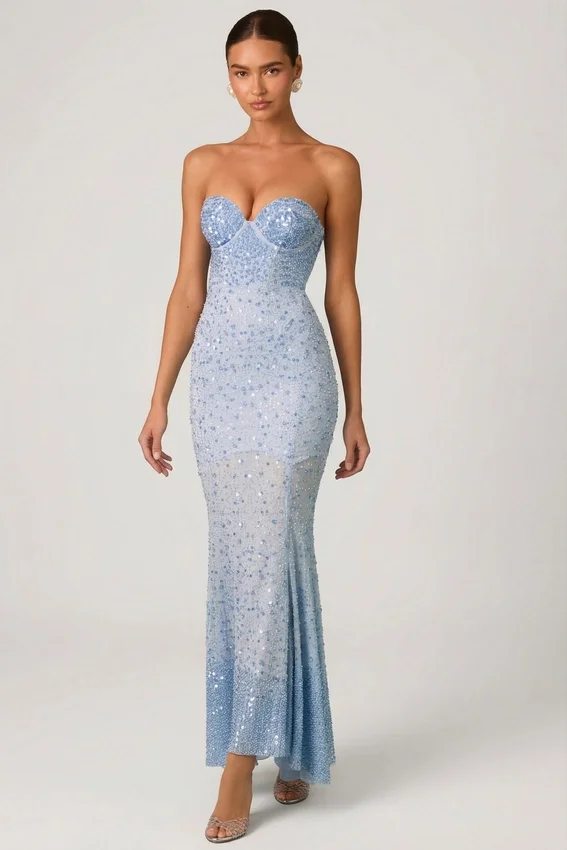 Vesna Embellished Sweetheart-Neck Fishtail Gown i himmelsblått Vesna Embellished Sweetheart-Neck Fishtail Gown i himmelsblått