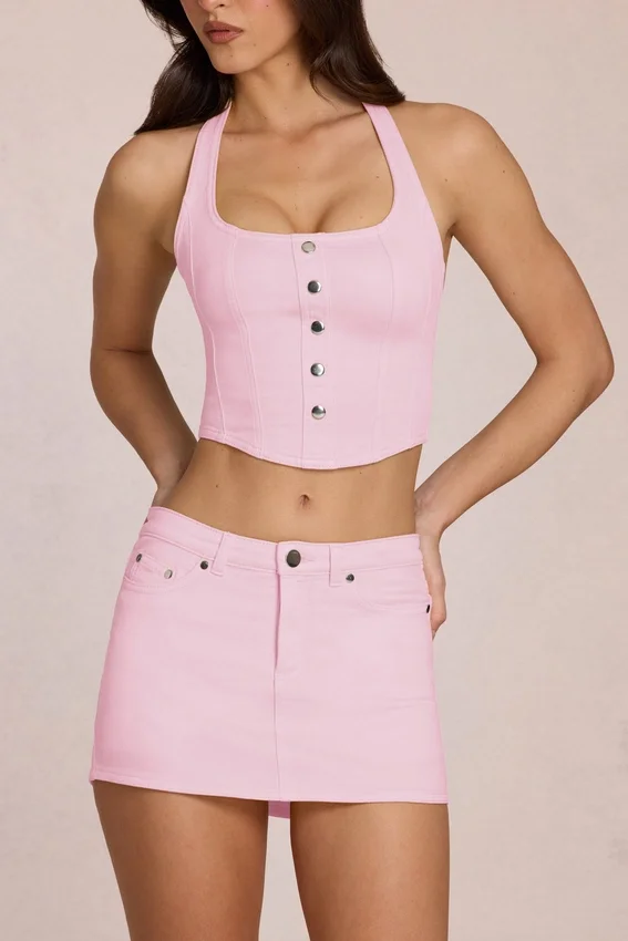 Virella denimskort med låg midja i blommig rosa Virella denimskort med låg midja i blommig rosa