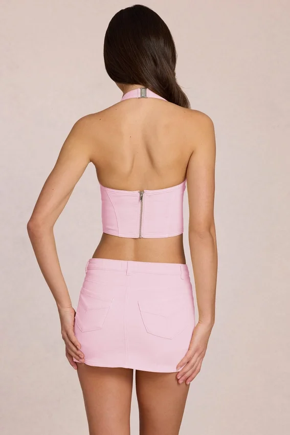 Virella denimskort med låg midja i blommig rosa Virella denimskort med låg midja i blommig rosa