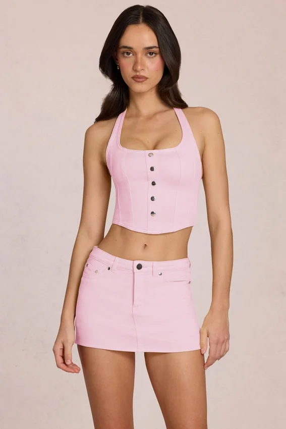 Virella denimskort med låg midja i blommig rosa Virella denimskort med låg midja i blommig rosa