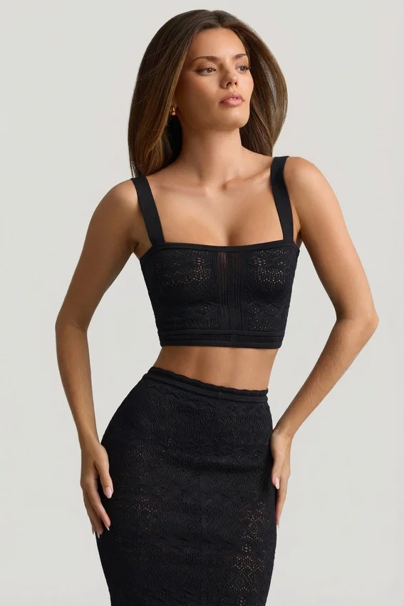 Yolanda Pointelle-Knit Crop Top i svart Yolanda Pointelle-Knit Crop Top i svart