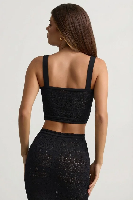 Yolanda Pointelle-Knit Crop Top i svart Yolanda Pointelle-Knit Crop Top i svart