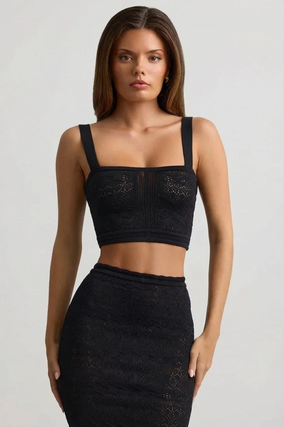 Yolanda Pointelle-Knit Crop Top i svart Yolanda Pointelle-Knit Crop Top i svart