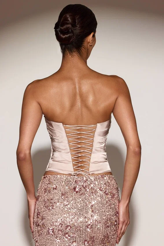 Yulea Satin Draped Lace-Up Corset Top i guld Yulea Satin Draped Lace-Up Corset Top i guld