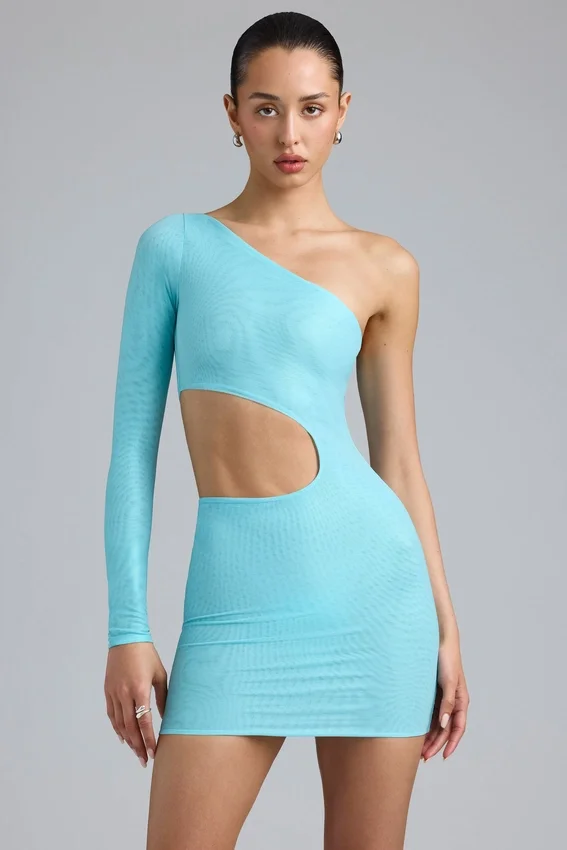 Zanab Metallic Cut-Out One-Shoulder Miniklänning i isblått Zanab Metallic Cut-Out One-Shoulder Miniklänning i isblått
