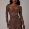 Zeta Sheer Embellished Long Sleeve A-Line Miniklänning i Deep Cocoa Zeta Sheer Embellished Long Sleeve A-Line Miniklänning i Deep Cocoa