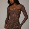 Zeta Sheer Embellished Long Sleeve A-Line Miniklänning i Deep Cocoa Zeta Sheer Embellished Long Sleeve A-Line Miniklänning i Deep Cocoa